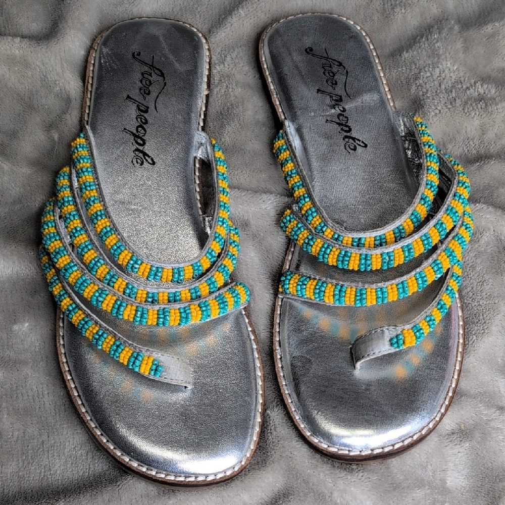 Free People BEATRICE Platino Beaded Flat Sandals Women's NWOT Size 38.5/8.5
